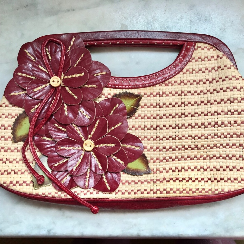 Isabella Fiore Leather & Woven Straw Floral Handbag